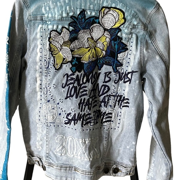 8IGHTH DSTRKT Denim Jean Jacket Embroidered Jealousy Just Love Man S/M Women - Picture 9 of 16